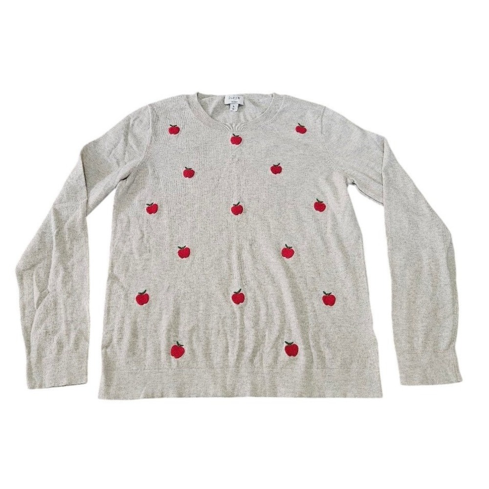 J. Crew Teddie Sweater Womens Large Gray Red Apple Embroidered Cotton Crewneck